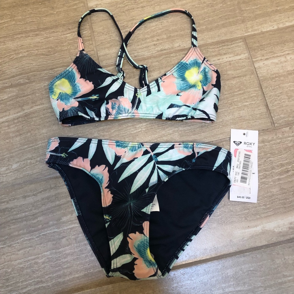 NWT Roxy Floral Bikini Set in Black & Mint little girls Size 7/XS